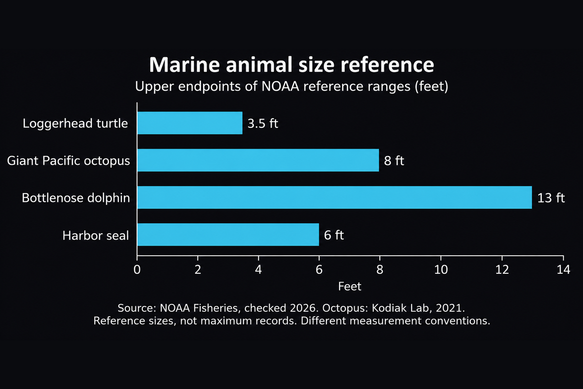 NOAA reference range upper lengths: loggerhead turtle 3.5 feet, giant Pacific octopus 8 feet, bottlenose dolphin 13 feet, harbor seal 6 feet.